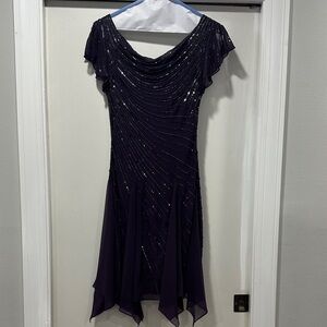 J Kara Asymmetrical Dress in Deep Purple with Glitter Accents